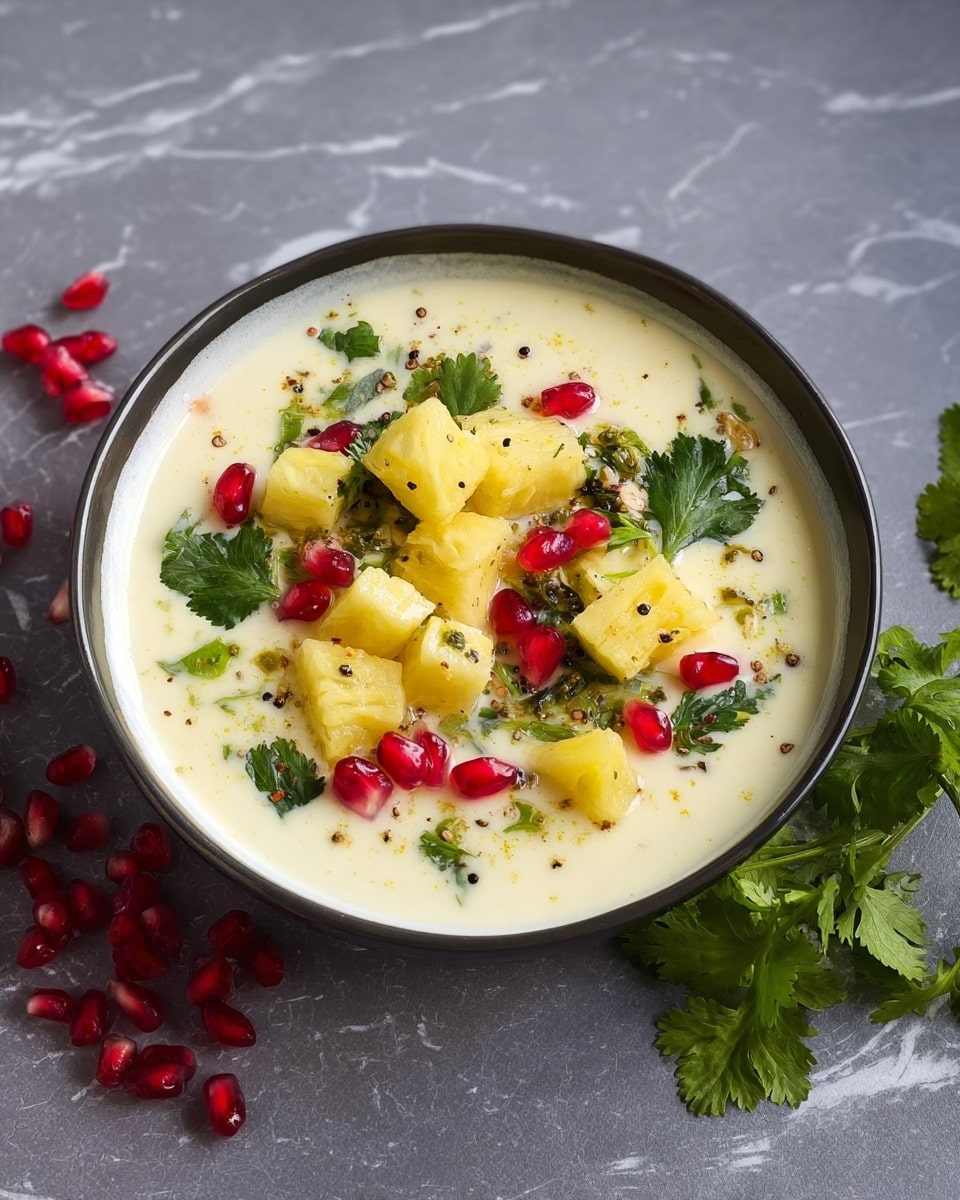A white bowl filled with a creamy pale yellow sauce as the base layer. On top are small yellow cubes, likely pineapple, scattered in the center. Bright red pomegranate seeds are mixed throughout, adding contrast. Green curry leaves and fresh green cilantro leaves lay on and around the fruit pieces. Tiny black mustard seeds are sprinkled unevenly over the dish. The bowl sits on a white marbled surface with some loose pomegranate seeds and cilantro leaves nearby. photo taken with an iphone --ar 4:5 --v 7