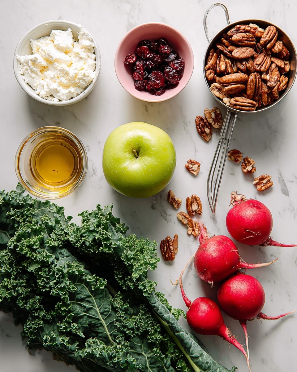 A spread of fresh ingredients is arranged on a white marbled surface, starting with a large bunch of curly, dark green kale leaves spread across the lower left corner. To the right of the kale is a shiny light green apple. Above the apple is a small pink bowl filled with dark red dried cranberries. A metal measuring cup full of whole pecans is positioned towards the upper right side, with a few pecan pieces scattered nearby. On the upper left side, there is a white bowl filled with soft white ricotta cheese. Just below it is a clear glass container holding a golden liquid, with a metal whisk resting inside. Near the center top are five whole red radishes with small roots attached, arranged loosely in a curve. photo taken with an iphone --ar 4:5 --v 7