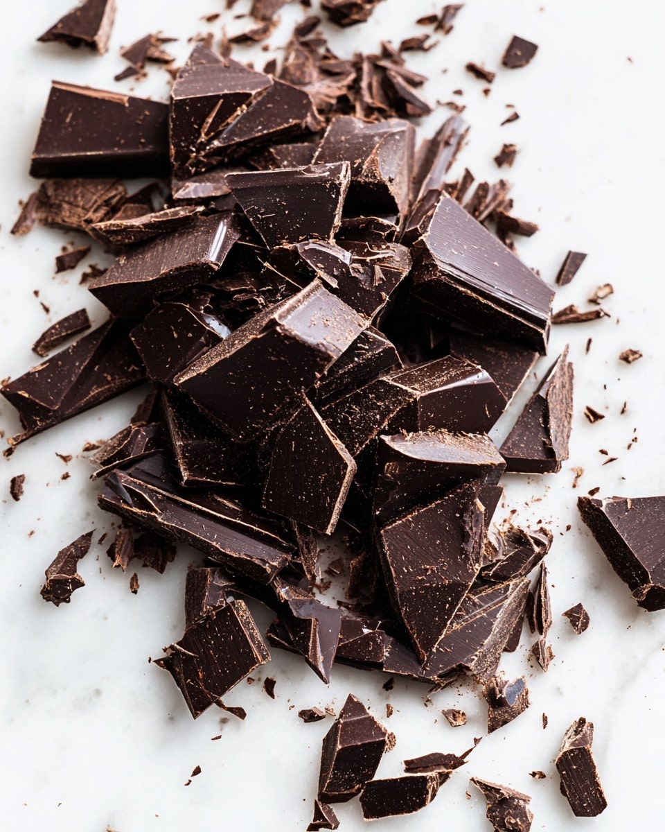 The image shows a pile of broken dark chocolate pieces scattered on a white marbled surface. There are many chunks of different sizes, some thick and some thin, with smooth surfaces and sharp edges. Small flakes and crumbs surround the larger pieces, adding texture to the scene. The overall color is a rich, deep brown with subtle shine on some parts of the chocolate. photo taken with an iphone --ar 4:5 --v 7
