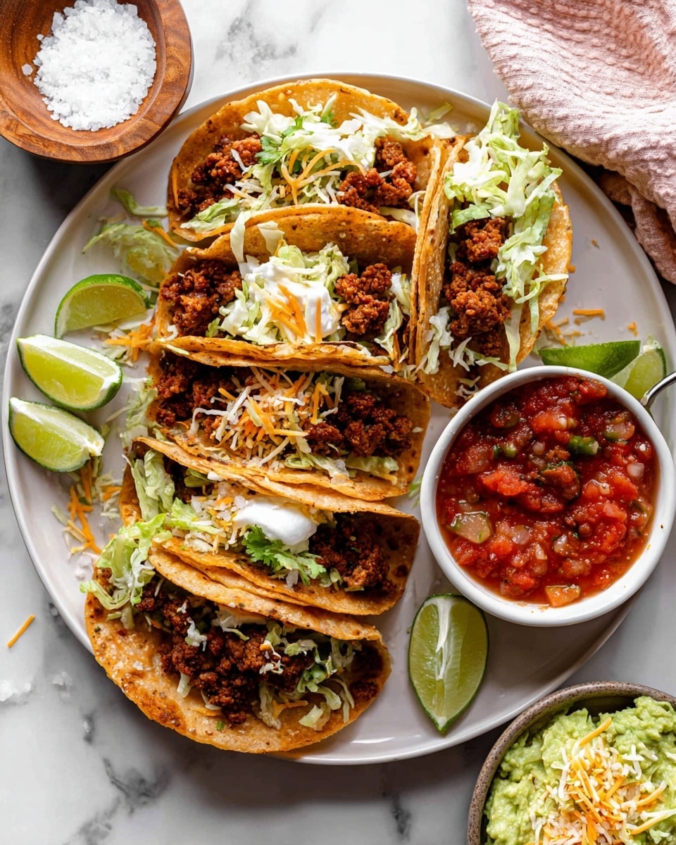 The image shows small tacos arranged on a white plate with a bowl of red salsa on the side. Each taco has one or two layers of light golden taco shells with a slightly crisp texture. Inside, there is a thick layer of dark brown seasoned ground meat filling each shell. Some tacos have a small topping of shredded yellow cheese and a dollop of white sour cream. Lime wedges are visible near the top left corner. The salsa bowl is white with a dark brown rim, filled with chunky red salsa garnished with fresh green cilantro leaves. The plate sits on a white marbled surface. Photo taken with an iphone --ar 4:5 --v 7