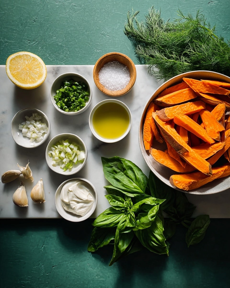 The image shows several small white bowls and a large white bowl arranged on a white marbled surface. The large bowl on the right is filled with orange sweet potato wedges, rough cut and stacked in layers, showing smooth, slightly shiny texture with some shadows for depth. To the left, there are seven smaller white bowls arranged loosely in a row, each containing different ingredients: one with white thick cream, one with chopped green onions, one with light green olive oil, one with small garlic slices, and one with fresh dill. A small light wooden bowl holds coarse white salt. There is also a halved yellow lemon center left, surrounded by fresh dark green basil and dill leaves with textured veins visible. The natural light emphasizes the colors and textures, with shadows adding depth. Photo taken with an iphone --ar 4:5 --v 7