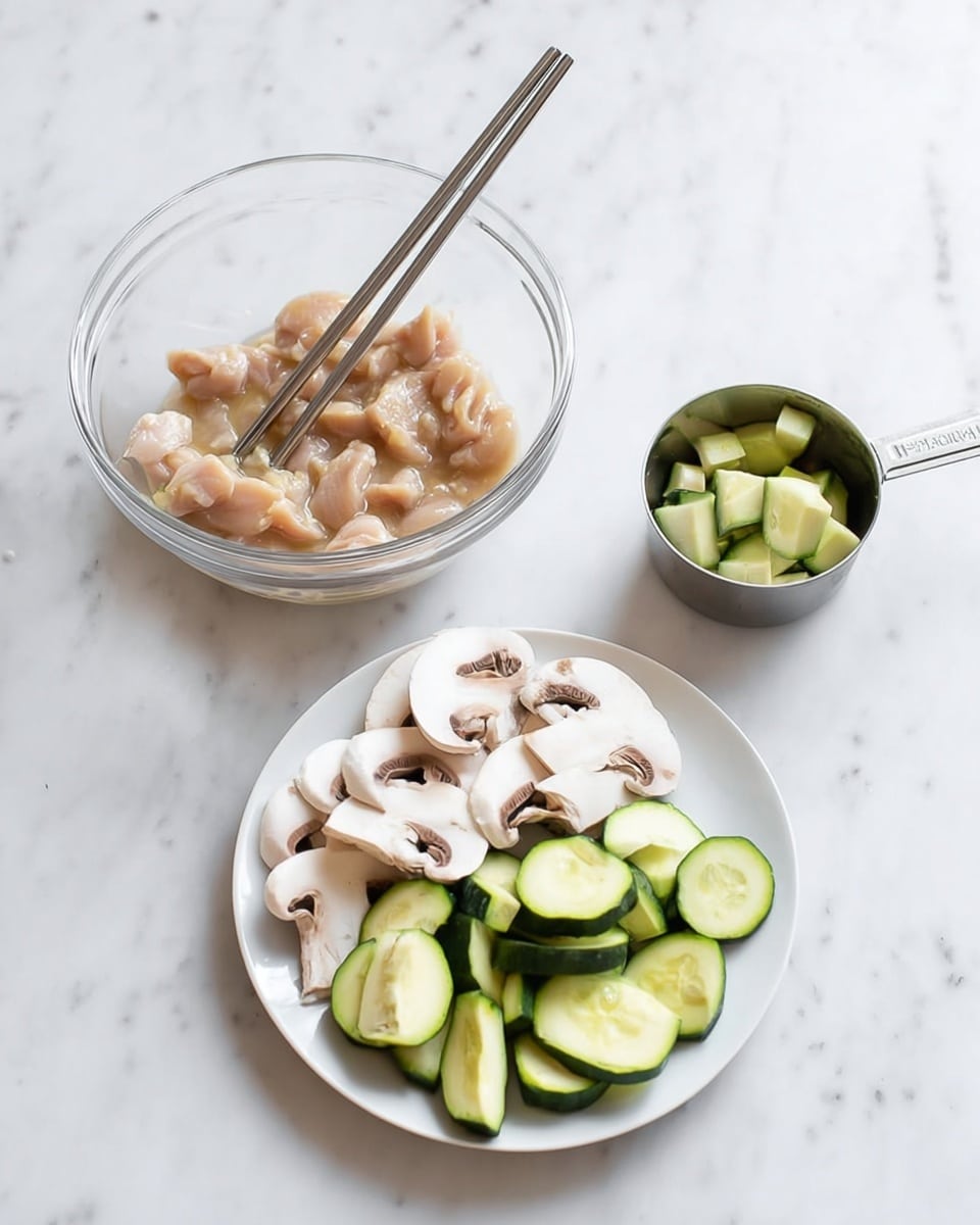 There is a clear glass bowl with small pieces of raw chicken inside, mixed in a light sauce with a pair of metal chopsticks resting in it. In front of this bowl, a white plate holds two types of chopped vegetables: green zucchini cut into thick half-moon shapes and white mushrooms sliced into thick pieces with visible gills. To the right, a small metal measuring cup contains a few chunks of zucchini. All items are placed on a white marbled surface. photo taken with an iphone --ar 4:5 --v 7