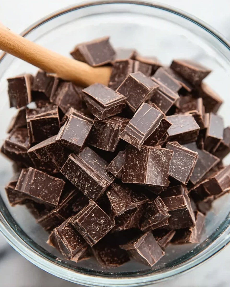A close-up view of a clear glass bowl filled with many thick dark chocolate pieces. The chocolate pieces are broken into small square chunks with rough edges, stacked unevenly inside the bowl. A woman's hand with a wooden spoon is visible at the top left corner, hovering over the bowl as if ready to stir. The bowl is placed on a white marbled surface. Photo taken with an iphone --ar 4:5 --v 7