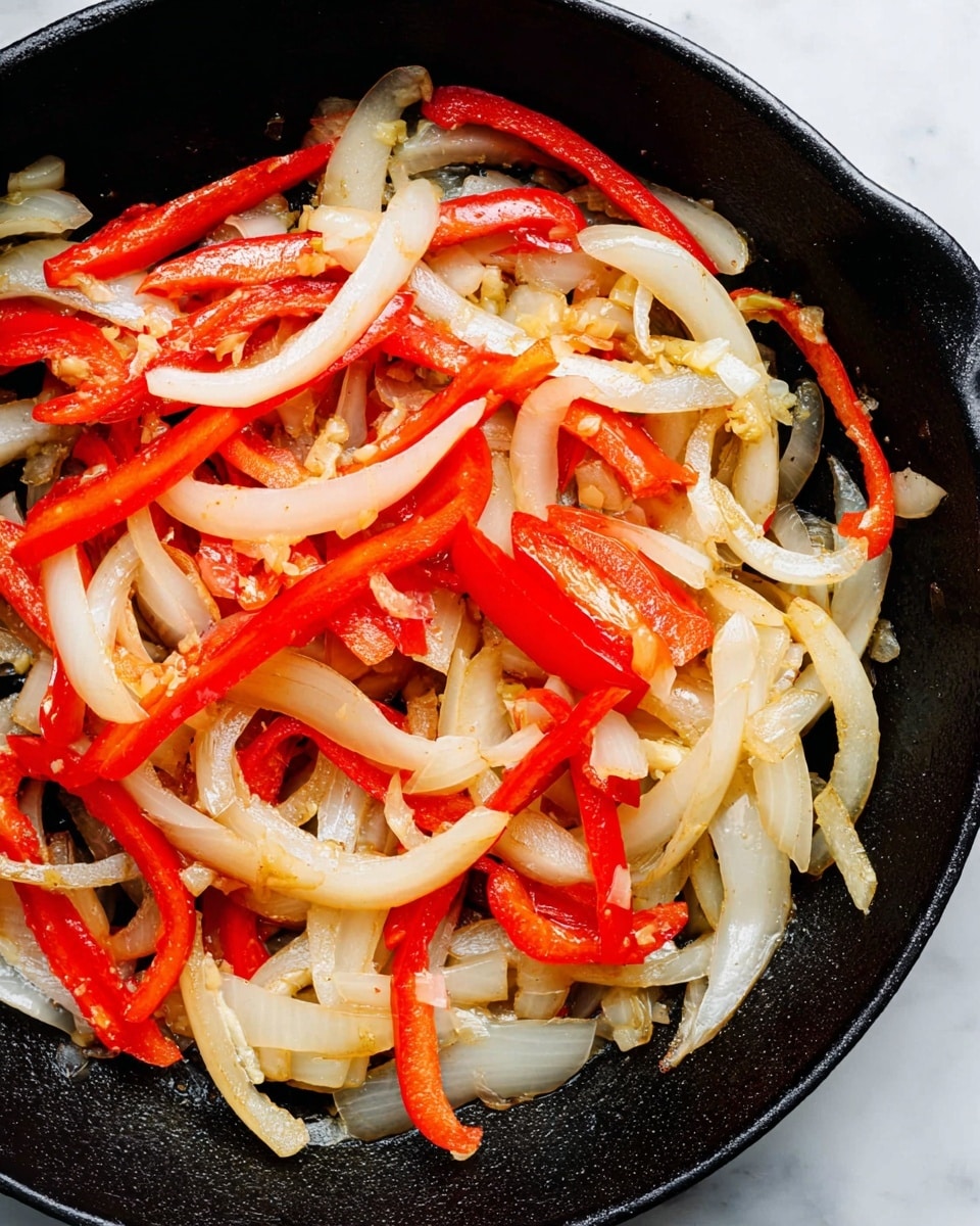 A close-up view of a black cast-iron pan filled with cooked, sliced white onions and red bell pepper strips. The onions are soft and slightly translucent with a light brown sear on some edges. The red bell peppers look tender and shiny, spread evenly throughout the pan. Small bits of cooked garlic or seasoning are scattered among the vegetables, adding texture and a slight yellowish color. The pan sits on a white marbled surface, showing a rustic cooking moment. Photo taken with an iphone --ar 4:5 --v 7
