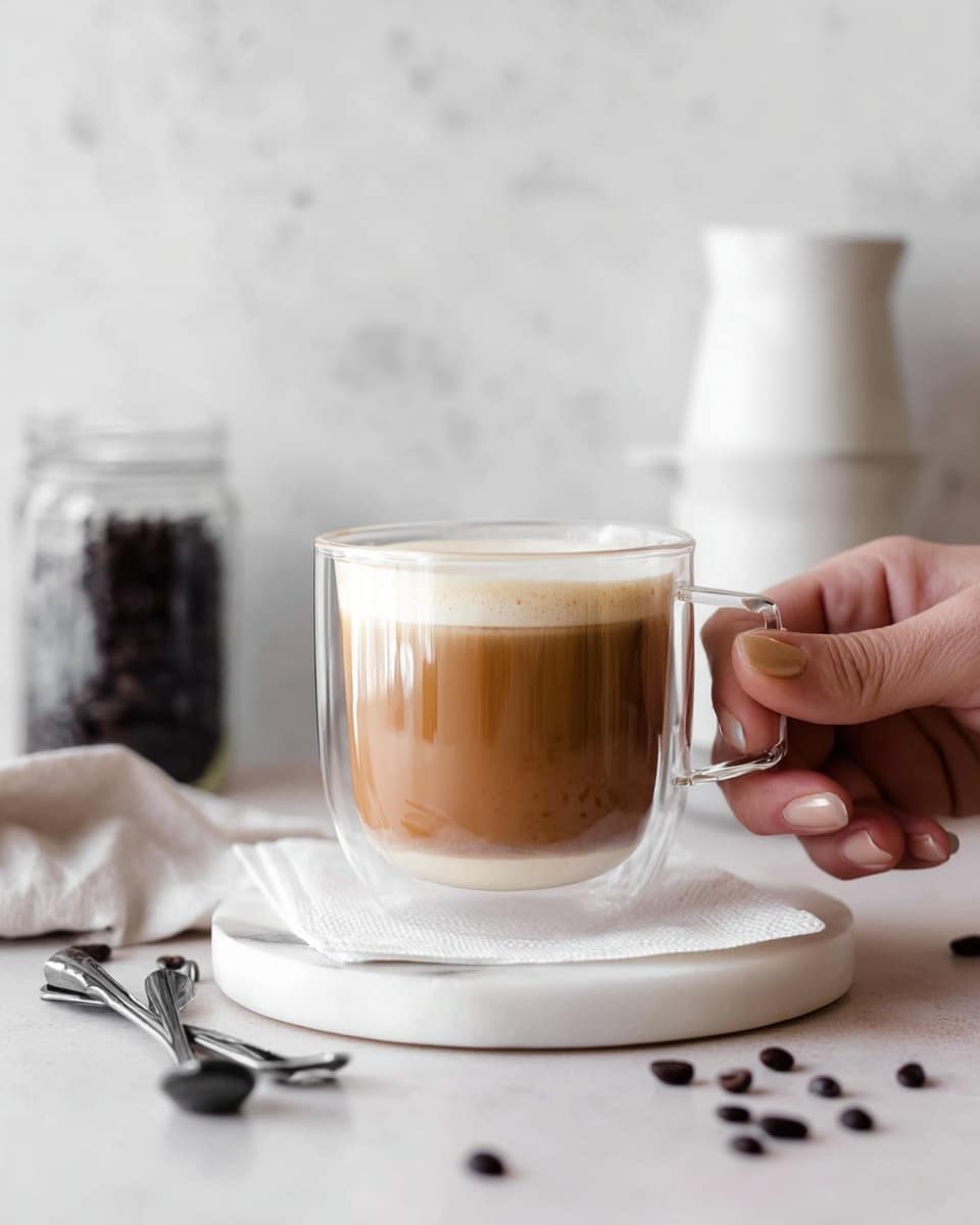A clear glass cup with two layers holds a coffee drink, the bottom layer is light brown coffee milk, and the top layer is a thin light cream foam, showing smooth texture. The cup sits on a white marbled round plate with a folded white paper napkin beneath it. A woman's hand gently holds the cup's clear handle on the right side. The background features blurred stacked white cups, a jar with dark coffee beans, and a white bottle, all against a white marbled surface. Scattered coffee beans and two silver spoons lie on the white marbled surface in the lower left corner. Photo taken with an iphone --ar 4:5 --v 7