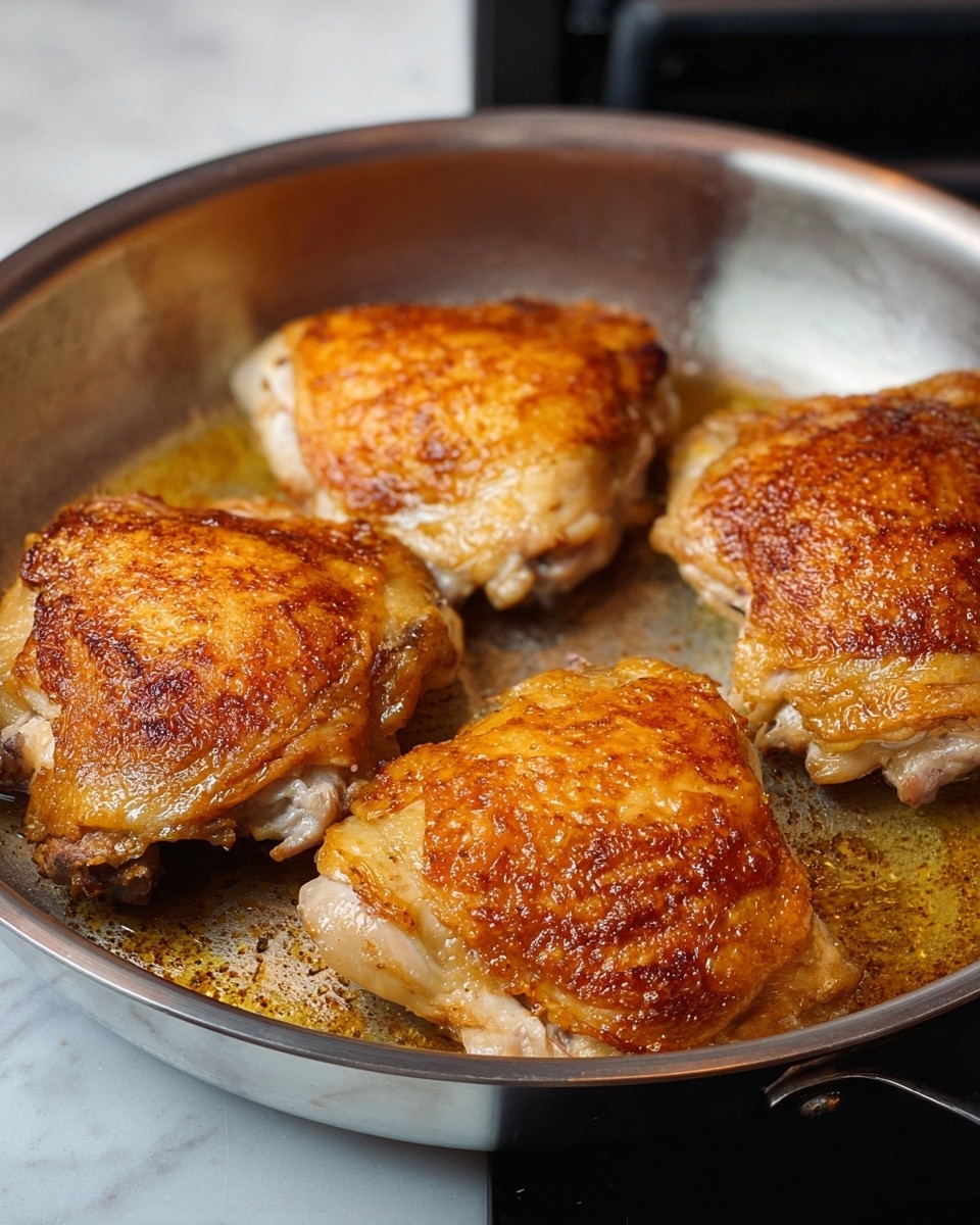 The image shows four pieces of cooked chicken thighs, each with a crispy golden brown skin layer on top, sitting close together in a round silver pan. The chicken skin looks slightly textured and shiny with a warm orange hue, while the meat underneath is a pale creamy color with some darker areas where it touches the pan. The pan has a smooth metal finish with some spots of oil shining. The background surface beneath the pan is a white marbled texture. photo taken with an iphone --ar 4:5 --v 7