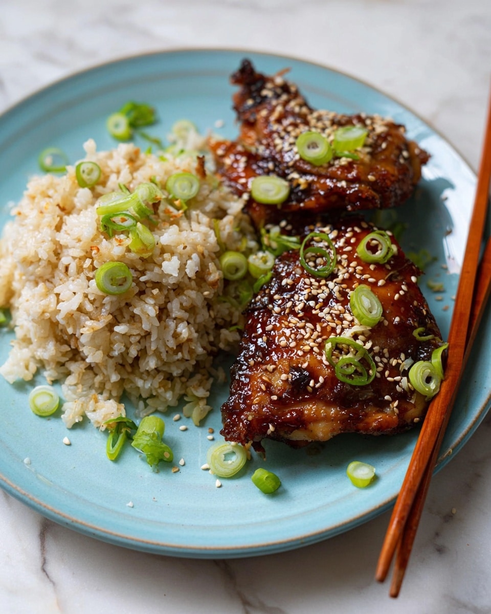 The image shows a light blue plate with two pieces of dark brown glazed chicken on the right side, sprinkled with sesame seeds and sliced green onions. On the left side of the plate, there is a mound of white rice mixed with some green onion slices and sesame seeds. A pair of wooden chopsticks rests on the edge of the plate on the right side. The plate sits on a white marbled surface. photo taken with an iphone --ar 4:5 --v 7