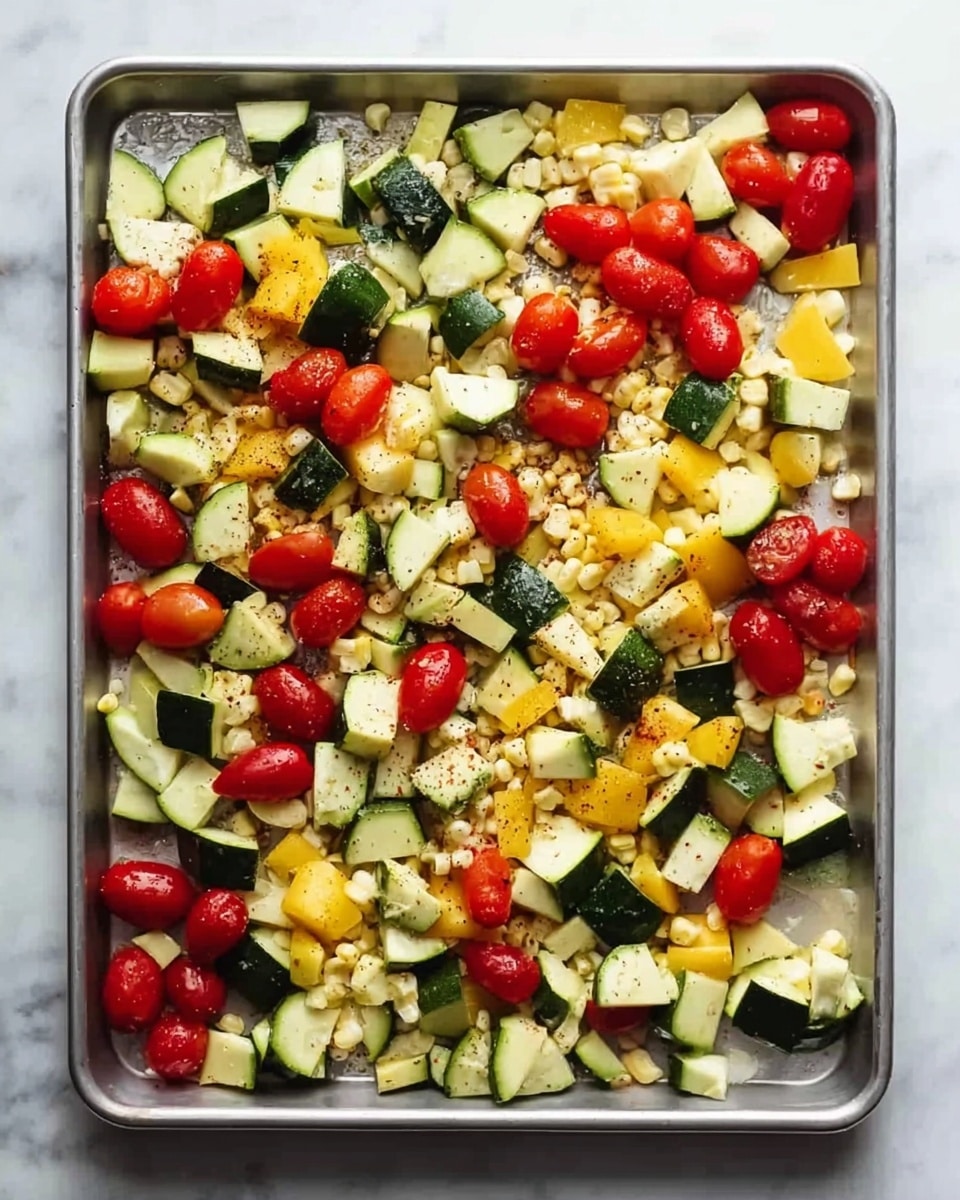 The image shows a single layer of fresh vegetables spread out on a metal baking sheet. The layer contains chopped green zucchini pieces, small whole red cherry tomatoes scattered evenly, yellow squash chunks, pale yellow corn kernels, and slices of cucumber. All the vegetables are mixed together, showing different shapes and sizes, with some spices sprinkled lightly on top. The baking sheet is placed on a white marbled textured surface. photo taken with an iphone --ar 4:5 --v 7