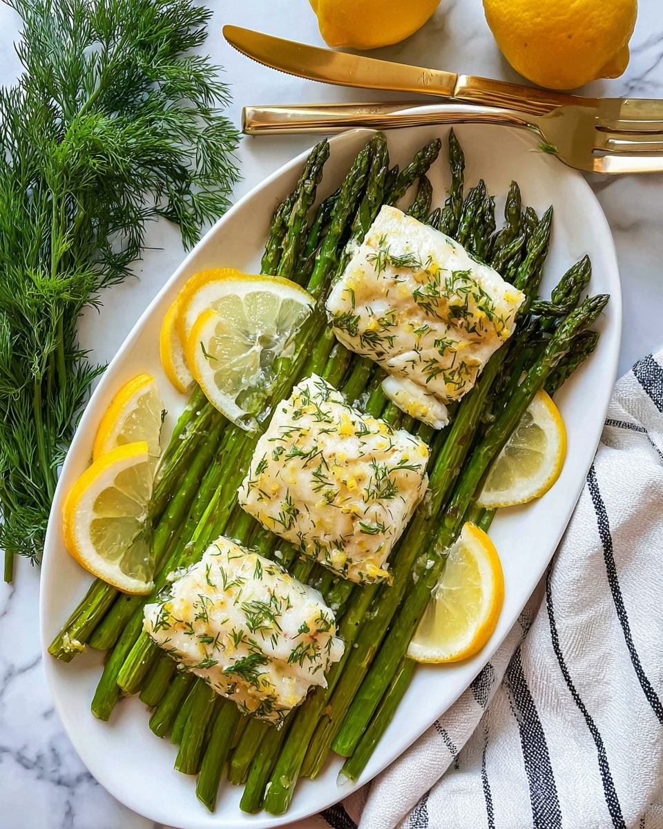 A white plate holds three main layers: a base of creamy white mashed potatoes with a soft, smooth texture spread in a ring shape, topped by a thick, light-colored fish fillet garnished with thin slices of garlic and small sprigs of fresh green dill, with a light sauce coating the fish. On one side, a small bright yellow lemon wedge rests partially on the mashed potatoes. Below the fish, a neat bunch of bright green cooked asparagus spears with a slightly glossy texture lines the plate. The whole setting is placed on a white marbled surface with fresh dill and a lemon in the background. Photo taken with an iphone --ar 4:5 --v 7