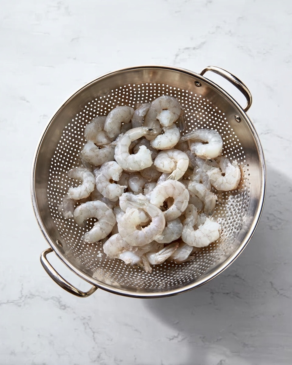 This image shows a metal colander filled with many raw shrimp on a white marbled surface. The colander has two handles on each side and is shiny with small holes covering its curved surface, allowing water to drain. The shrimp are light gray and pale pink, slightly translucent, and curled in shape, spread evenly inside the colander. The background is softly lit, highlighting the clean and fresh look of the shrimp and metal colander. photo taken with an iphone --ar 4:5 --v 7