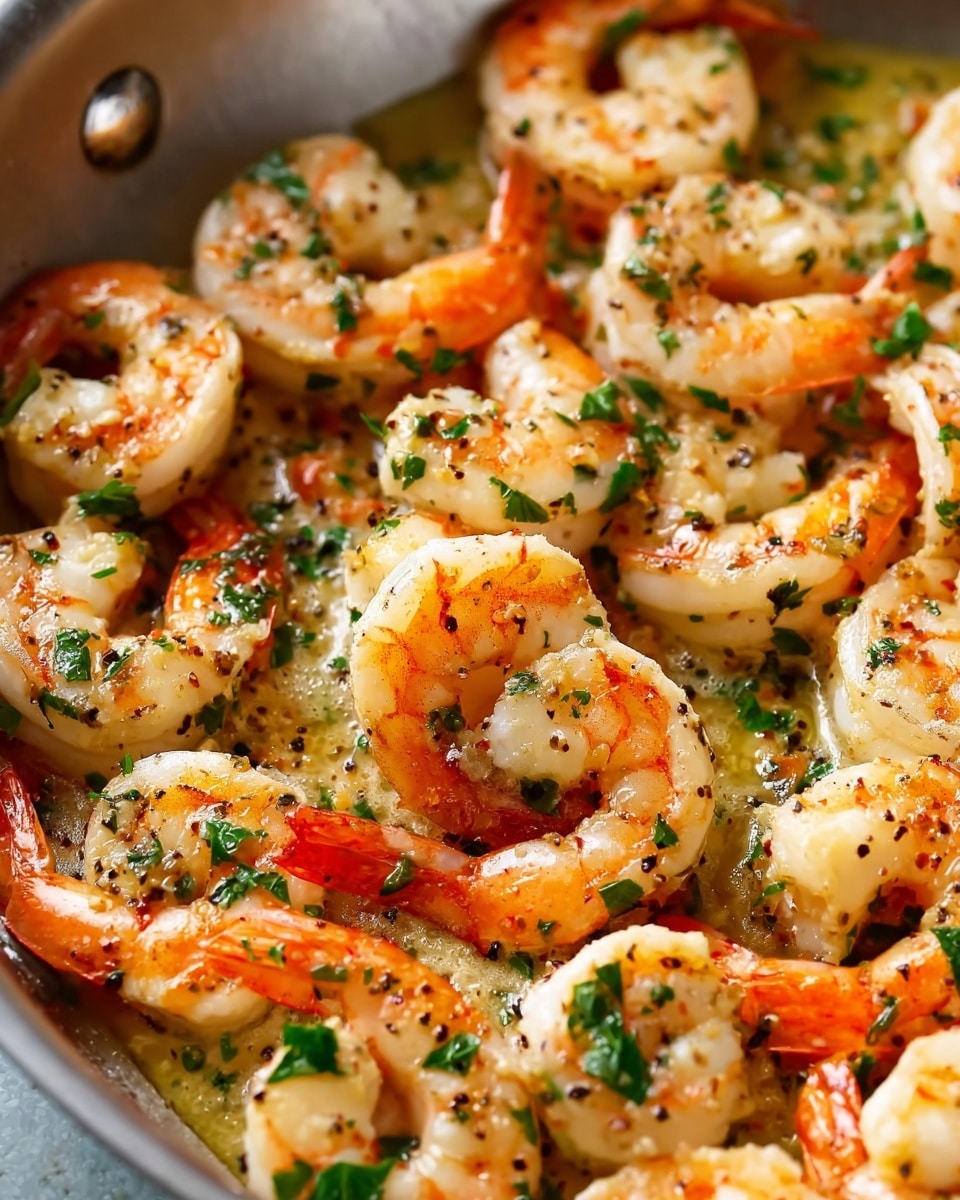 The image shows a close-up of cooked shrimp in a white pan. The shrimp are pinkish-orange with white details and are spread evenly in the pan. They are sprinkled with green herbs on top, giving a fresh look. A wedge of lemon is visible on the edge of the pan, adding a slice of bright yellow color. A wooden spatula is in the pan, partly under some shrimp, with its brown color contrasting with the shrimp and the light sauce underneath. The sauce is light golden and slightly shiny, pooling at the bottom of the pan. photo taken with an iphone --ar 4:5 --v 7