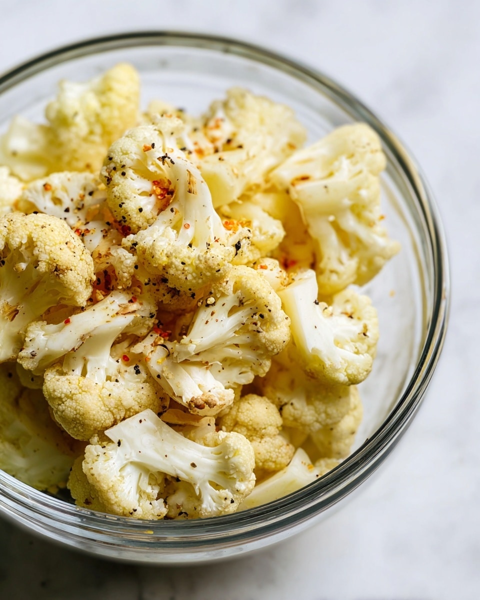 A clear glass bowl sits on a white marbled surface, filled with roughly 10 to 12 cauliflower florets. The cauliflower is pale yellow-white with a slightly toasted look and is sprinkled unevenly with black pepper and small orange-red seasoning specks. The texture of the cauliflower is firm and slightly bumpy. The bowl fills most of the frame, with light shining softly from the top left, highlighting the seasoning and natural curves of the cauliflower. Photo taken with an iphone --ar 4:5 --v 7
