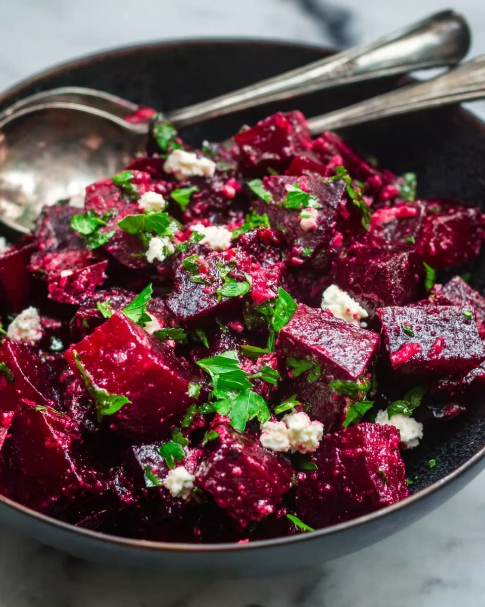 A close-up image of a dark bowl filled with a beet salad showing about three layers: the first layer is deep red beet pieces cut into chunks with a smooth, moist texture; scattered throughout are small white crumbles of cheese adding contrast; fresh green parsley leaves are sprinkled on top, adding a touch of brightness; two silver spoons rest on the side inside the bowl; the bowl sits on a white marbled surface. Photo taken with an iphone --ar 4:5 --v 7