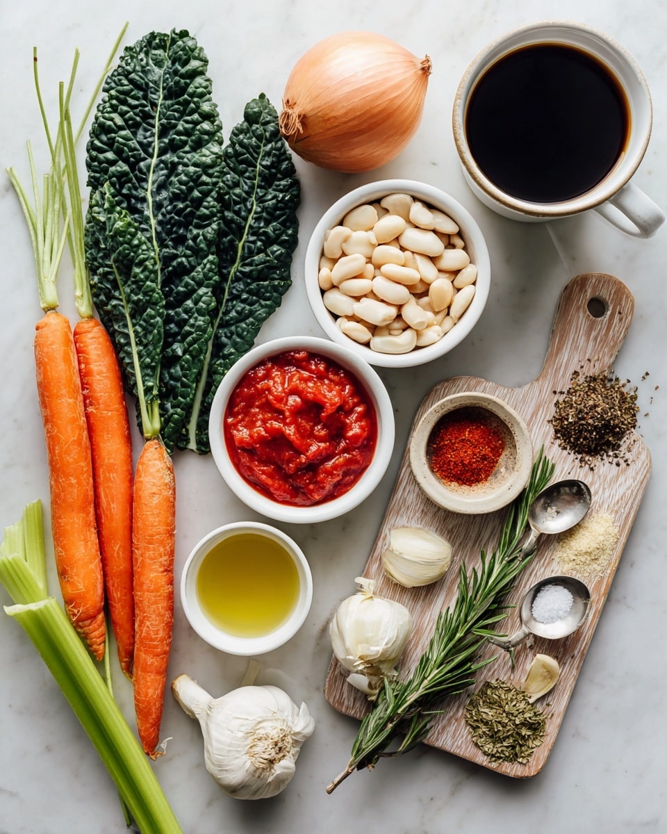 The image shows an arrangement of fresh and dry ingredients on a white marbled surface. On the left side, there are two whole carrots with green tops, three dark green kale leaves, and three celery stalks. Next to these vegetables is a medium brown onion. Toward the middle are small white ceramic bowls filled with pale white beans, red tomato paste, chopped red tomatoes, olive oil, white cream, and a golden liquid, possibly broth or honey. On a small wooden cutting board at the top right, there are three garlic cloves, a small bunch of rosemary, and three spoons holding ground black pepper, salt, dried herbs, and red pepper flakes. A portion of a white cup filled with black coffee is partially visible in the top right corner. The composition is neat and the colors are vibrant, with a mix of orange, green, white, and red. photo taken with an iphone --ar 4:5 --v 7