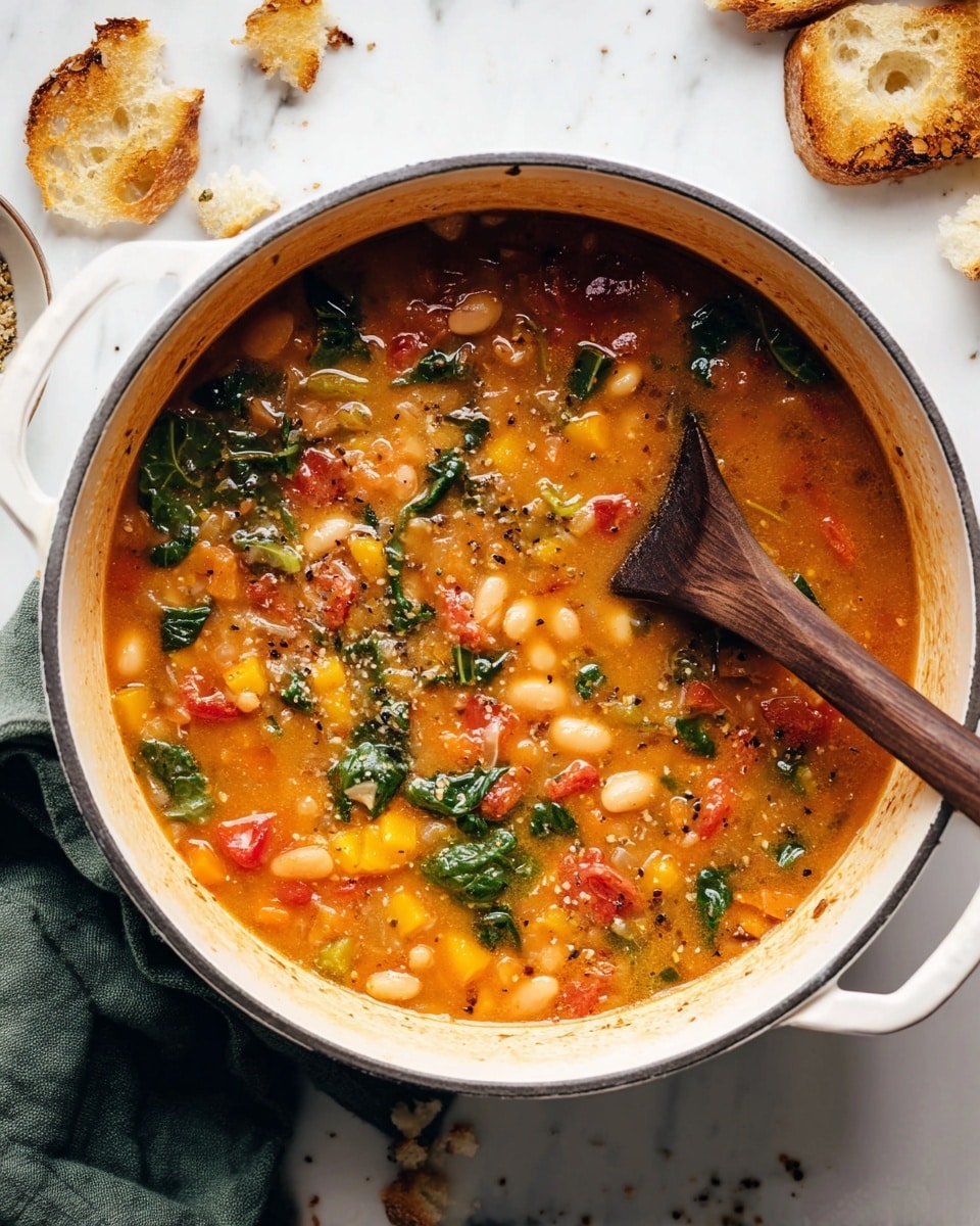 A white pot filled with chunky vegetable soup showing three main layers: at the bottom a thick orange broth with a smooth texture; in the middle, bright pieces of yellow and green vegetables mixed with diced red tomatoes and pale white beans; on top scattered dark green leafy vegetables adding freshness. A dark wooden spoon rests inside the pot lightly stained with soup, positioned on the right side. Around the pot, small pieces of toasted bread and a dark green cloth sit on a white marbled surface, with some crumbs scattered nearby. photo taken with an iphone --ar 4:5 --v 7