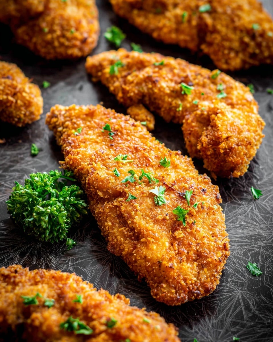 The image shows several pieces of golden brown fried chicken tenders with a crunchy, textured coating, arranged on a dark patterned tray. The chicken pieces are sprinkled with small bits of green parsley, adding a fresh contrast. One small bunch of parsley is placed on the tray beside the chicken. The overall color of the chicken is warm and inviting with a crisp outer layer visible. The white marbled texture is not directly visible but is implied for the surrounding surface. Photo taken with an iphone --ar 4:5 --v 7