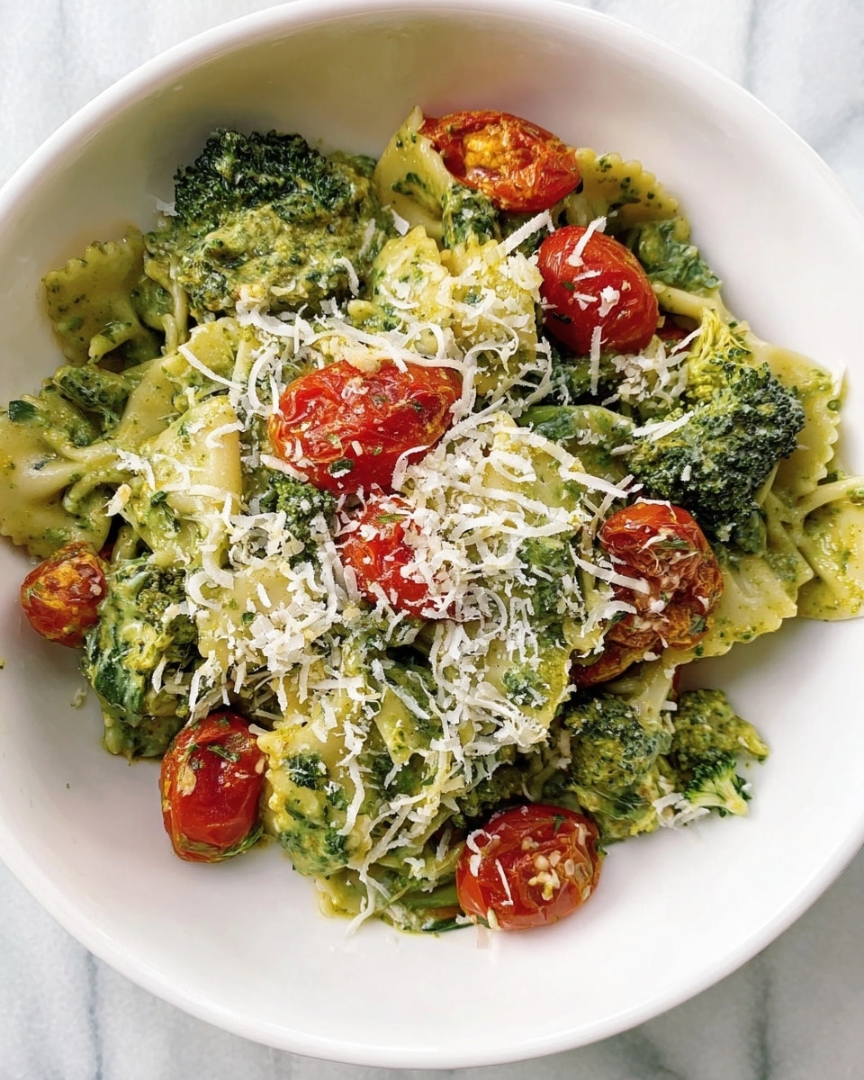 A white bowl filled with three main layers: the bottom layer is green pasta pieces covered in a green sauce with leafy spinach visible, the middle layer has scattered bright red cherry tomato halves, and the top layer is sprinkled with white grated cheese and small bits of broccoli, adding rough texture and more green color. The bowl sits on a white marbled surface. photo taken with an iphone --ar 4:5 --v 7