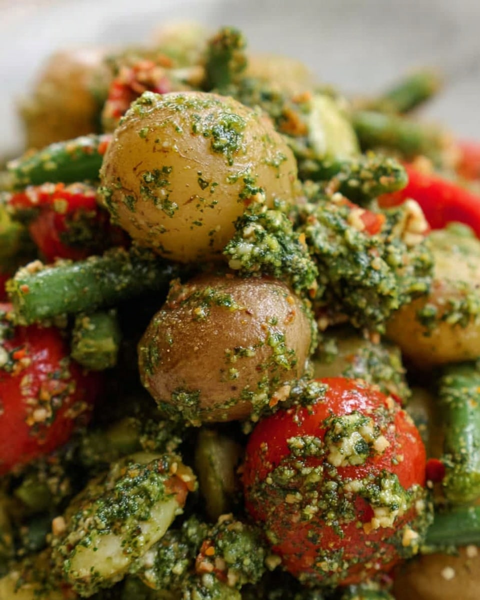 The image shows a close-up of small round potatoes covered with a thick green pesto sauce, mixed with bright red cherry tomatoes and pieces of green beans. The potatoes are light brown with a slightly rough texture, and the green pesto sauce looks chunky, made of herbs and bits of nuts or cheese. The red cherry tomatoes add a pop of color, while the green beans bring a fresh, smooth texture. The layers of the dish are tightly packed, with the sauce clinging to all the ingredients. The background is a white marbled texture, making the colors stand out. Photo taken with an iphone --ar 4:5 --v 7