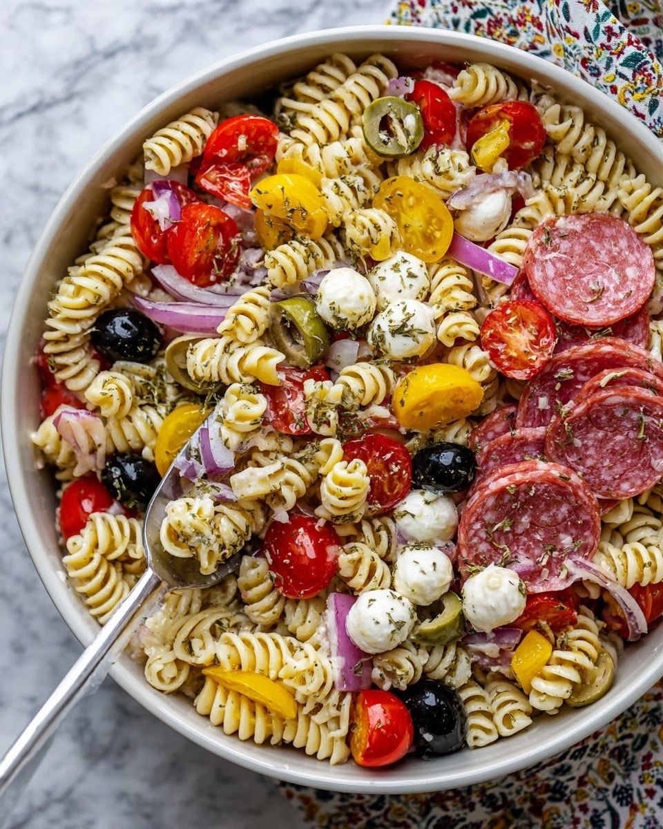 A large white bowl filled with a mixed pasta salad sits on a white marbled surface with a patterned cloth nearby. The salad has three main layers: the bottom layer is beige spiral pasta, the middle layer has red cherry tomato halves, black olive slices, yellow pepper rings, small white mozzarella balls, and chopped red onion, while the top layer is scattered with thin, irregular pieces of pink salami and sprinkled with dried green herbs. A spoon is placed inside the bowl, lifting some of the salad, with one piece of salami resting on it. The overall texture is fresh and colorful with a mix of smooth pasta, soft cheese, and thin meat slices photo taken with an iphone --ar 4:5 --v 7