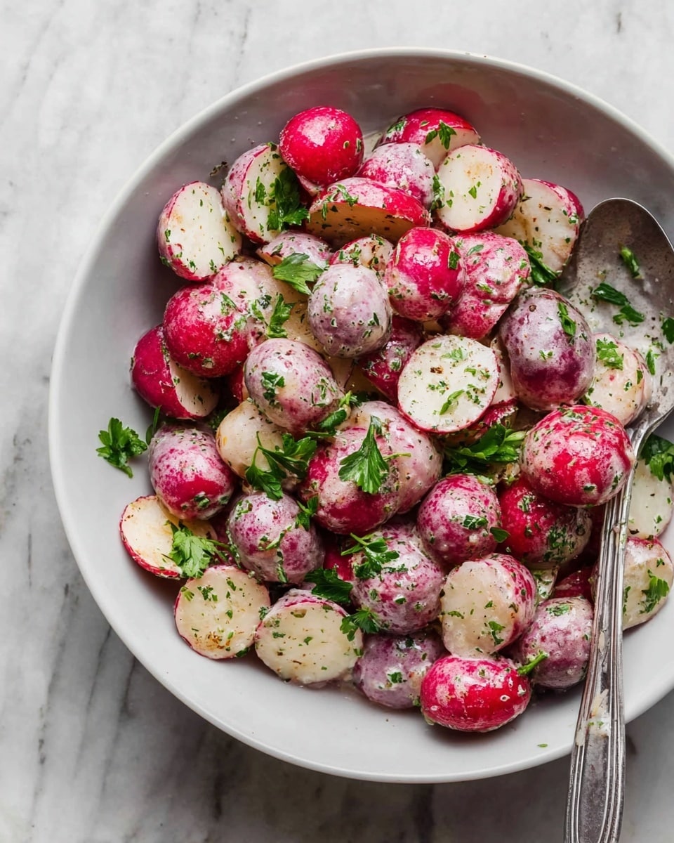 A white bowl filled with many small round radishes, some whole and some cut in half, showing their white inside and pink, red, or purple skin. The radishes are coated with a light creamy herb dressing and sprinkled with finely chopped green herbs. Fresh green parsley leaves are mixed throughout the dish, adding bright color. A silver spoon rests on the right side inside the bowl. The bowl is placed on a white marbled surface. Photo taken with an iphone --ar 4:5 --v 7