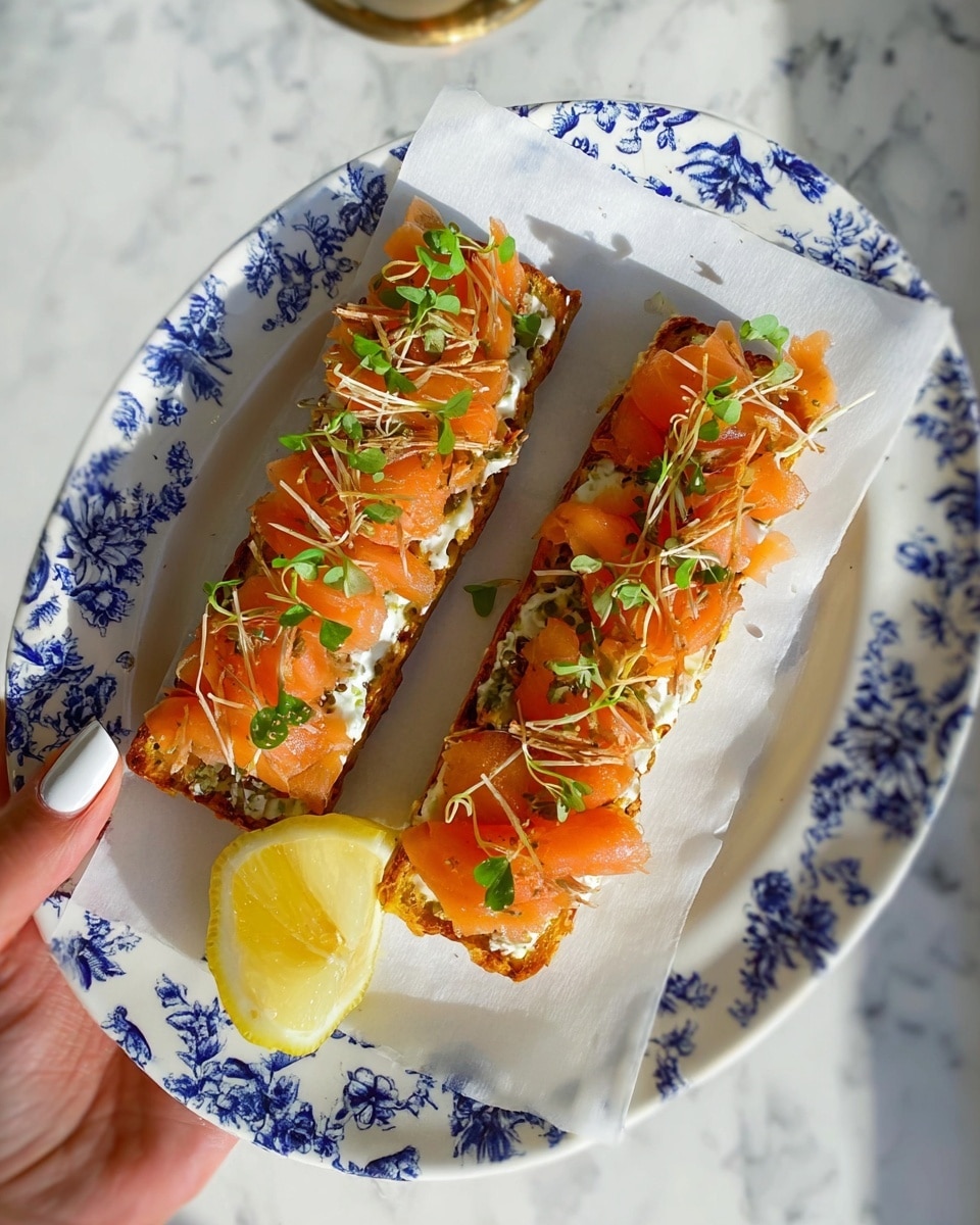 Two long, rectangular toasts sit side by side on white paper over a white plate with blue floral patterns. Each toast has a bottom layer of a crispy, golden-brown base. On top is a thick spread of white cream, dotted with green herbs. Bright orange slices of smoked salmon with a smooth texture lie over the cream in soft folds, topped with thin, crispy light brown fried strips and small green leaves scattered evenly. A yellow lemon wedge rests on the plate near the toasts. A woman's hand with white nail polish holds the plate slightly on the left side. The background is a white marbled surface with soft natural lighting. Photo taken with an iphone --ar 4:5 --v 7