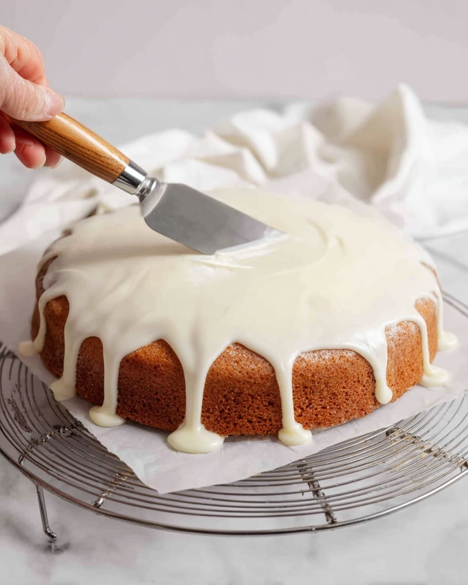 A single-layer round cake with a light brown color is placed on a metal cooling rack with a white paper underneath. A thick, smooth white icing is being spread evenly over the top of the cake, spilling over the edges in natural drips. A woman's hand is holding a metal icing spatula with a wooden handle, spreading the icing gently on the surface. The whole scene is set against a white marbled texture, with a soft white cloth slightly visible on the side. Photo taken with an iphone --ar 4:5 --v 7
