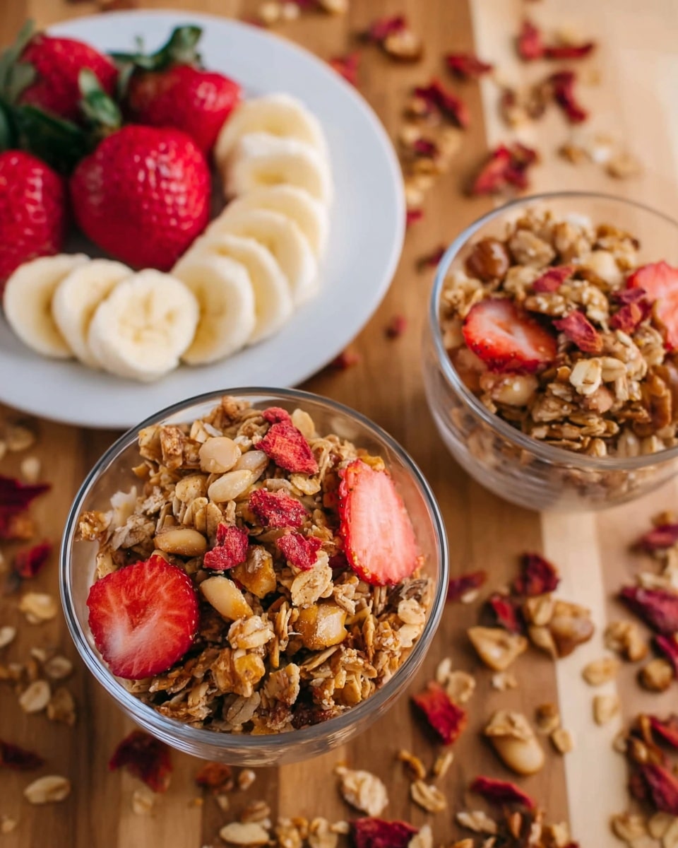 The image shows two clear glass bowls filled with crunchy granola mixed with oats, nuts, and pieces of dried strawberries that add a bright red color on top. In the background on the left, there is a white plate holding slices of banana and fresh red strawberries with green leaves. The bowls and plate are placed on a wooden surface with scattered granola and dried strawberry pieces around them. The texture of the granola looks rough and crunchy, while the banana slices are smooth and creamy, and the strawberries fresh and juicy. photo taken with an iphone --ar 4:5 --v 7
