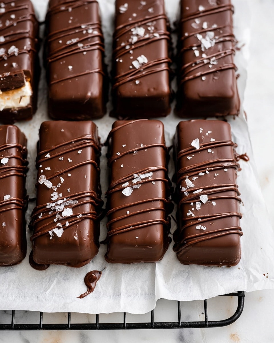 The image shows six chocolate bars lined up in two rows on white parchment paper over a black wire rack, which is placed on a white marbled surface. Each bar has a smooth, dark chocolate coating with thin lines of slightly lighter chocolate drizzled on top in a wavy pattern. There are small flakes of sea salt scattered on each bar, adding texture and shine. The bars are rectangular, and one bar in the back row is slightly bitten, revealing a creamy light-colored filling inside. There are small chocolate drips on the parchment paper around the bars, creating a fresh, homemade look. photo taken with an iphone --ar 4:5 --v 7