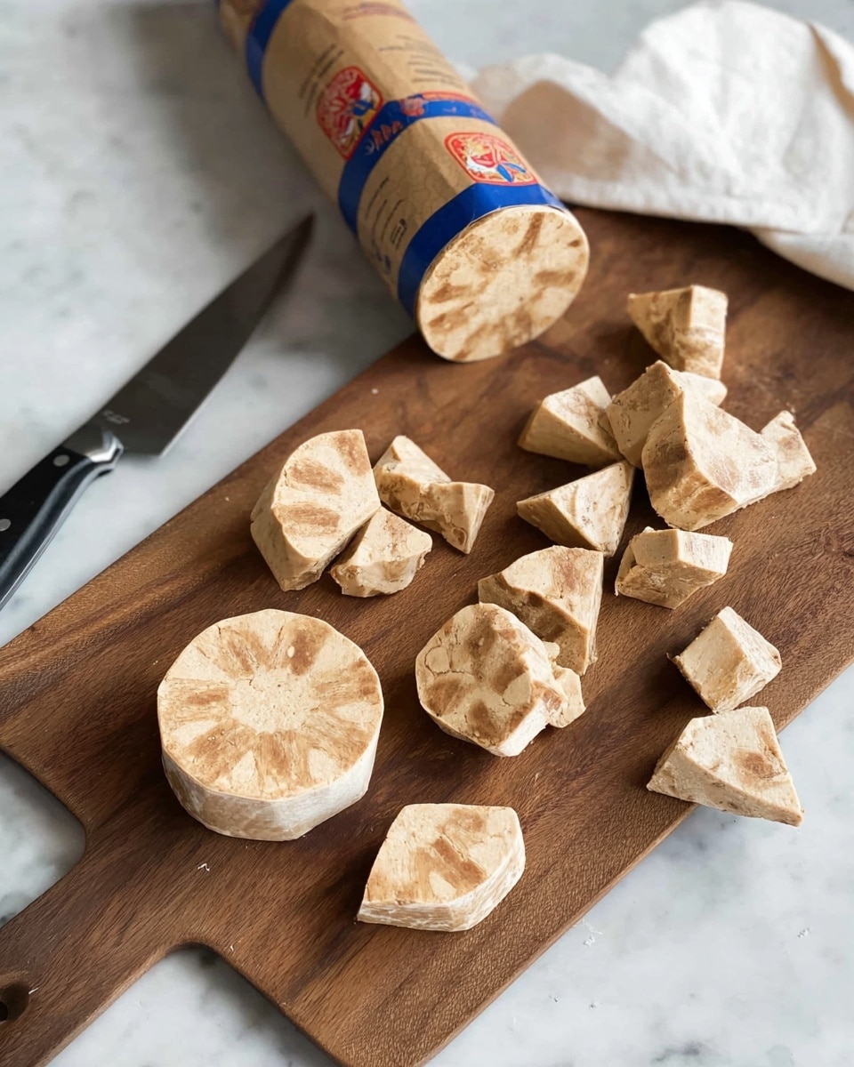 The image shows a wooden board with several light tan and brown patterned disks of halva, both whole and sliced. One disk is partly cut into wedges, and several wedge-shaped pieces are scattered near the bottom right of the board. A knife with a black handle lies on the left side of the board. At the top, there is an open paper-wrapped halva roll with a blue and red label partially visible, showing the smooth textured inside. A white cloth is partially visible in the top right corner. The background is a white marbled texture. photo taken with an iphone --ar 4:5 --v 7