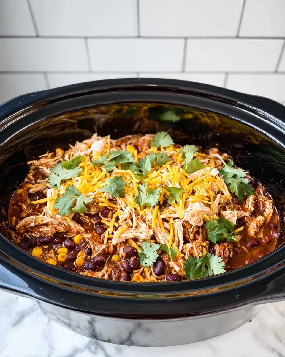 A black slow cooker is shown from above with three pieces of raw light pink chicken meat placed inside it in a single layer. The slow cooker has a shiny black interior and is set on a white marbled textured surface. The chicken pieces are smooth and fresh looking, evenly spaced next to each other without overlapping. Photo taken with an iphone --ar 4:5 --v 7