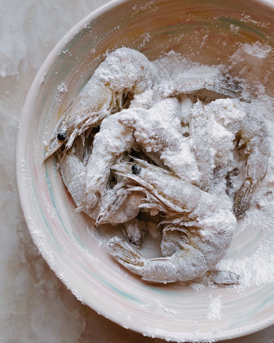 A close-up view of a group of raw shrimp covered in white flour, placed in a round white bowl with soft swirling pastel colors inside. The shrimp are layered in a pile, showing light grayish-pink shells with tails visible, and a powdery white coating that clings unevenly to their bodies and the bowl surface. The bowl rests on a white marbled texture background. photo taken with an iphone --ar 4:5 --v 7