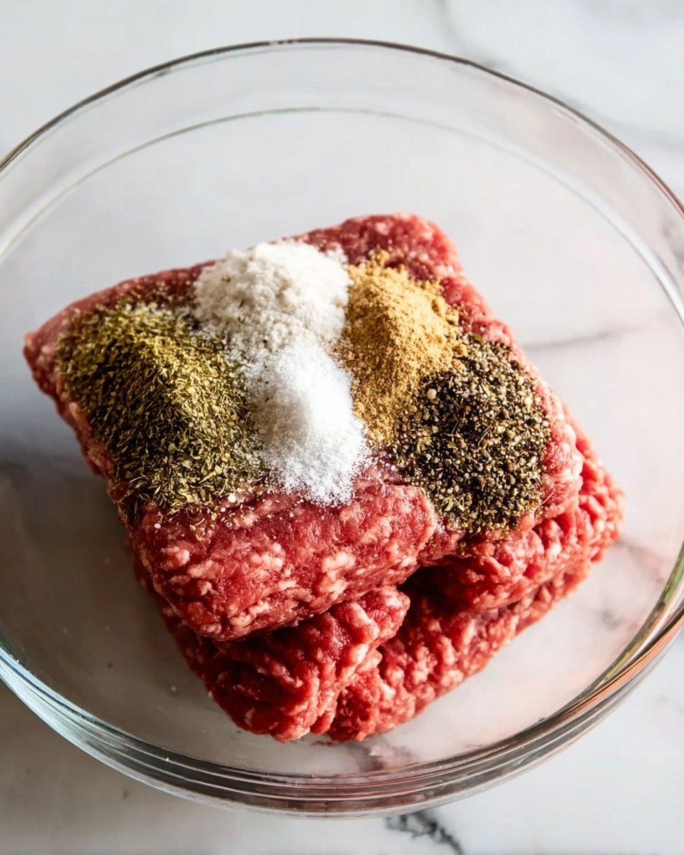 A clear glass bowl sits on a white marbled surface filled with three thick, rectangular portions of raw ground meat, which are deep red and visibly textured. On top of the meat, four different piles of dry spices are spread side by side: a white salt-like powder, a light brown powder, a greenish dried herb mix, and a mix of black pepper and other fine spices. The colors and textures contrast sharply against the raw meat and the clear bowl, creating a simple, natural look. photo taken with an iphone --ar 4:5 --v 7