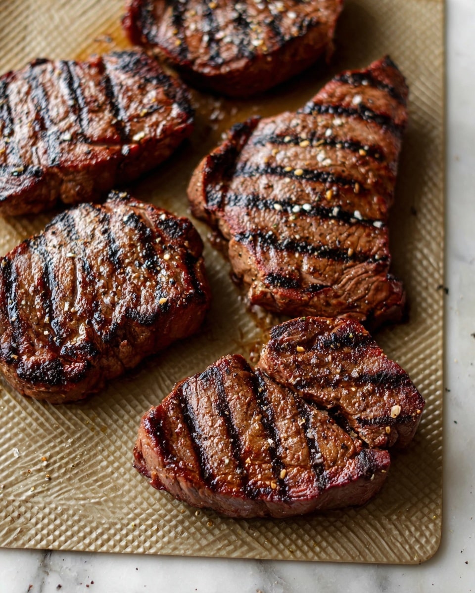 Five pieces of grilled steak with dark grill marks are arranged on a textured beige tray placed on a white marbled surface. The steaks have a brown cooked color with some blackened char spots and a shiny, slightly oily texture. Small grains of pepper are sprinkled lightly over the meat, which looks thick and juicy. The image shows a close-up view that highlights the meat’s texture and grill pattern. Photo taken with an iphone --ar 4:5 --v 7