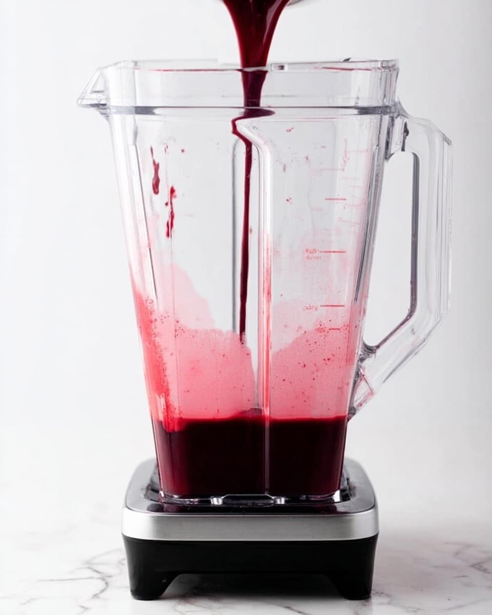 A clear blender container sits on a black and silver blender base, placed on a white marbled surface. Inside the container, deep red liquid is being poured gently from above, creating a small splash as it meets a thin layer of slightly messy pinkish-red liquid already inside. The container is transparent with measurement markings on the right side and a clear handle on the right. The background is plain white. photo taken with an iphone --ar 4:5 --v 7