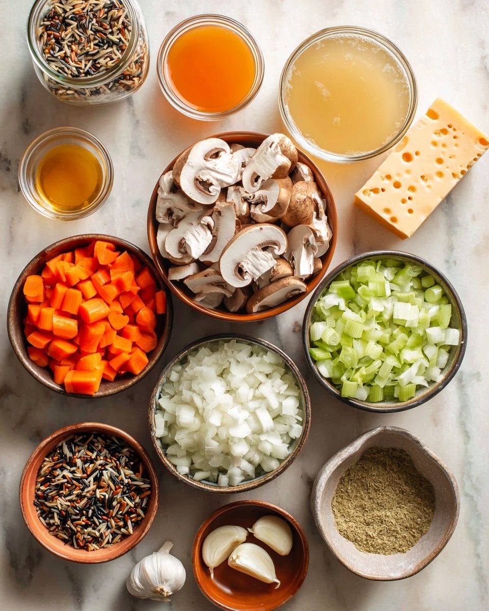 The image shows an overhead view of several small bowls and jars arranged on a white marbled surface. In the center, a bowl filled with sliced brown mushrooms with white gills is surrounded by a bowl of finely chopped white onions, a bowl of diced orange carrots, a bowl of chopped green celery, and a curled block of orange cheese with white spots on top. Nearby, there are a jar of light yellow liquid, a small container of mixed wild rice with black, red, and white grains, a jar of orange liquid, a small bowl with three peeled garlic cloves, and a brown bowl filled with greenish-brown powder. photo taken with an iphone --ar 4:5 --v 7