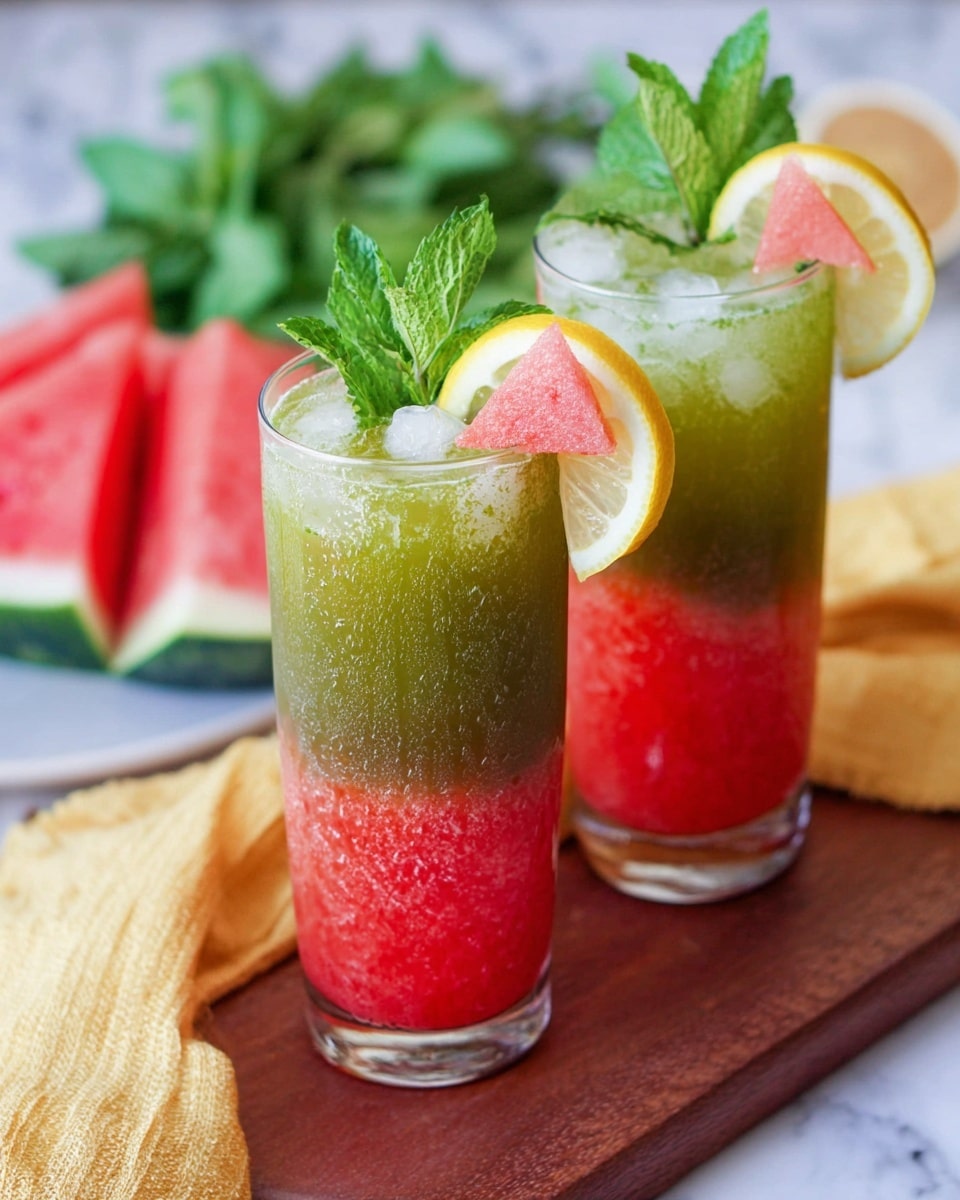 Two tall clear glasses sit on a wooden board placed on a white marbled surface. Each glass shows two layers: a bright red layer at the bottom with a texture that looks like crushed fruit, and on top a smooth green layer. One glass is decorated on the rim with a fresh green mint bunch, a thin round lemon slice, and a small triangular watermelon piece. Both glasses have ice cubes inside. In the background, there is a blurred bunch of fresh mint leaves and a yellow cloth. photo taken with an iphone --ar 4:5 --v 7