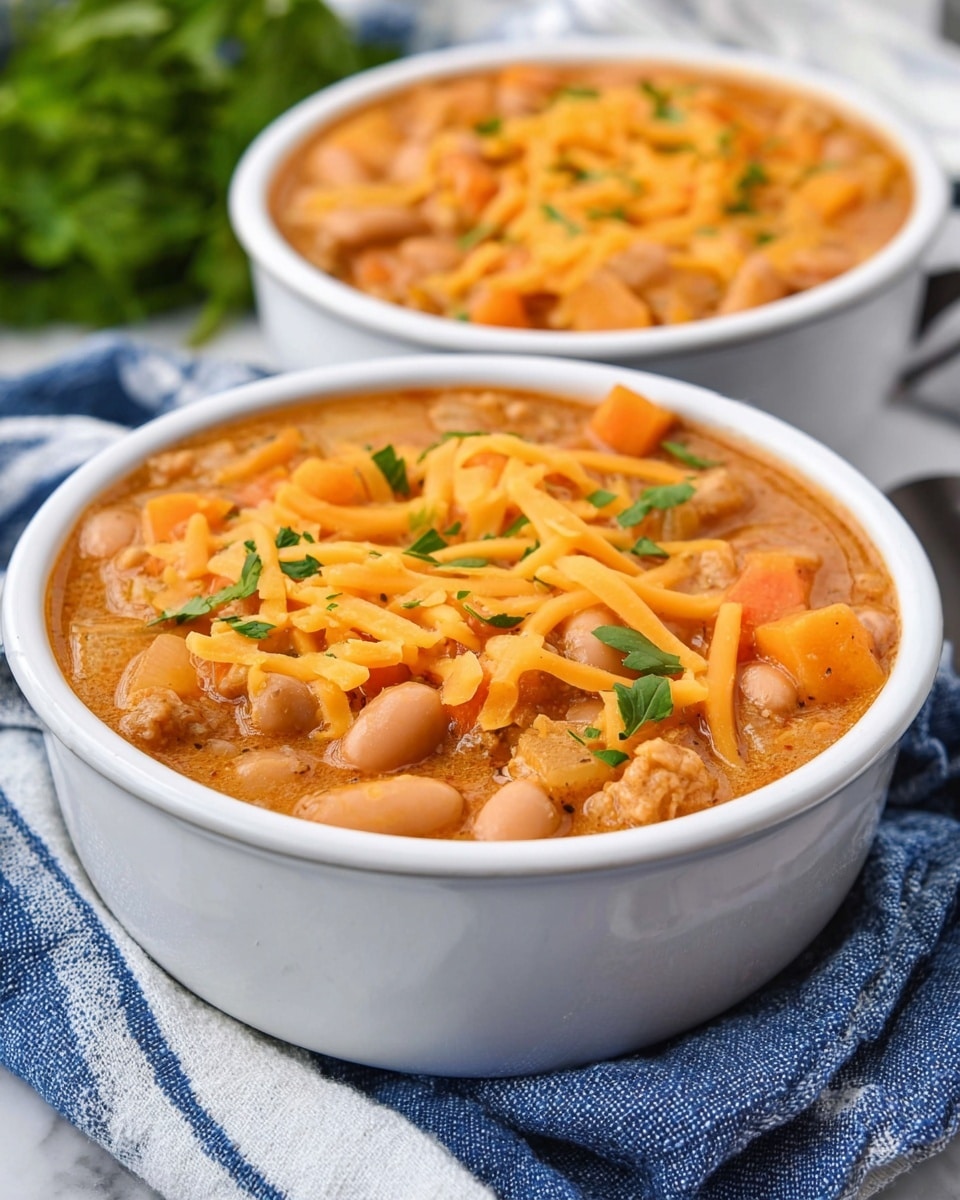 Two white bowls filled with thick stew made of light brown beans, orange cubes of soft vegetables, and small pieces of light meat in a creamy orange sauce. The stew is topped with thin strips of orange-yellow cheddar cheese and small bright green parsley leaves. The bowls are placed on a blue and white striped cloth with a white marbled surface in the background. Photo taken with an iphone --ar 4:5 --v 7