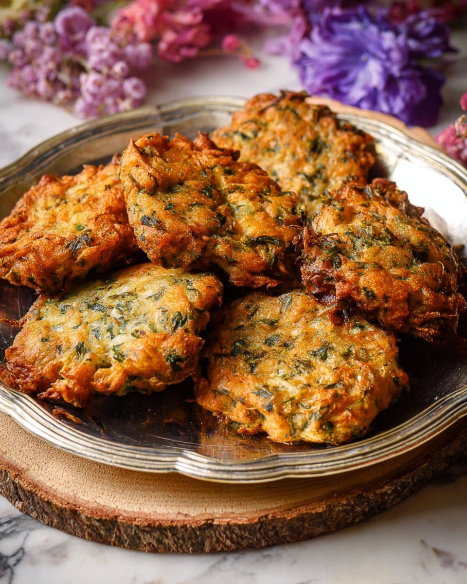 A silver plate holds six golden-brown fritters with hints of green herbs mixed throughout, giving them a textured and crispy look on the edges and a slightly rough surface. The fritters are not perfectly round but have an irregular, natural shape and are thick with small pockets of fluffiness visible. The plate sits on a wooden slice placed on a white marbled surface, with blurred purple and pink flowers in the background. The overall image feels warm and rustic. photo taken with an iphone --ar 4:5 --v 7