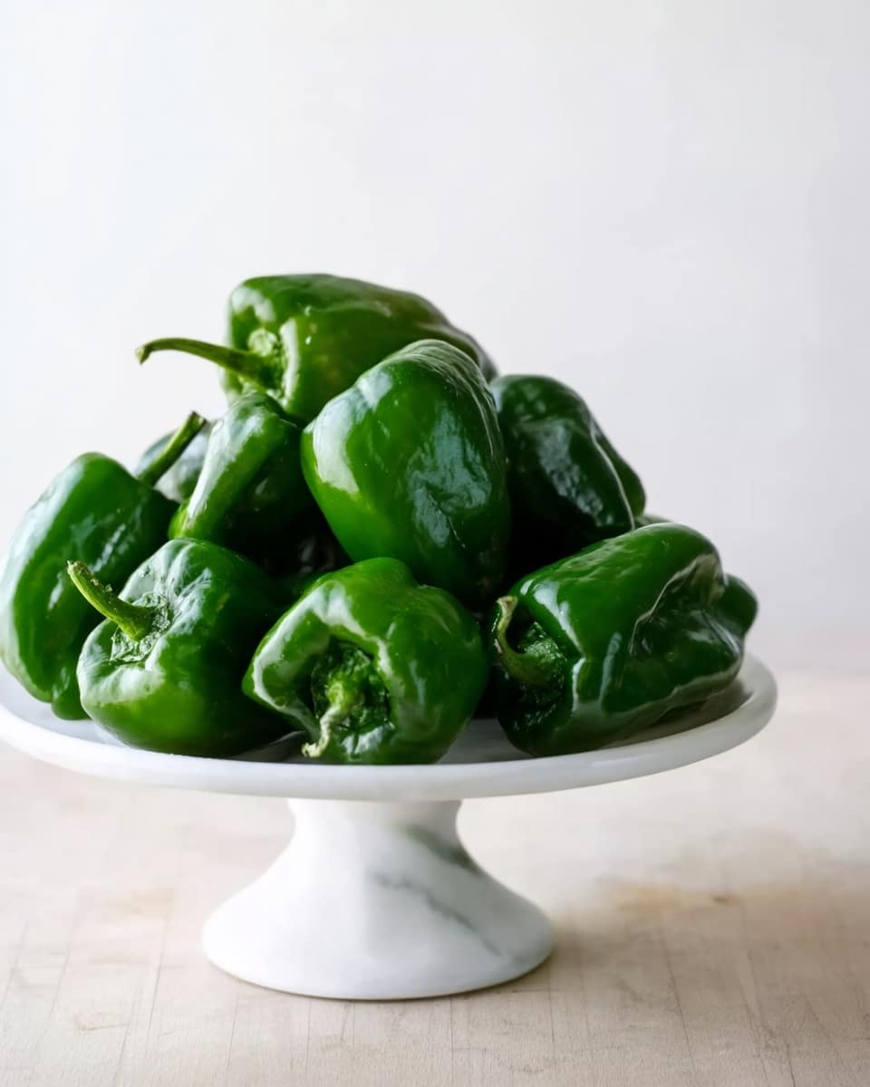 A white pedestal plate sits on a white marbled surface, filled with several shiny dark green peppers stacked loosely. The peppers have a smooth, slightly wrinkled texture and curved shape. The background is plain and softly lit. Photo taken with an iphone --ar 4:5 --v 7