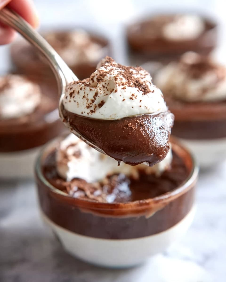 The image shows a close-up of a shiny spoon holding a smooth, thick layer of dark brown chocolate pudding topped with a soft, white whipped cream layer sprinkled lightly with cocoa powder. The spoon is held by a woman's hand above a round white bowl filled with the same layered dessert, with more bowls visible blurred in the white marbled background. The dessert has a glossy, rich texture on the chocolate layer and a fluffy, light look on the cream. Photo taken with an iphone --ar 4:5 --v 7