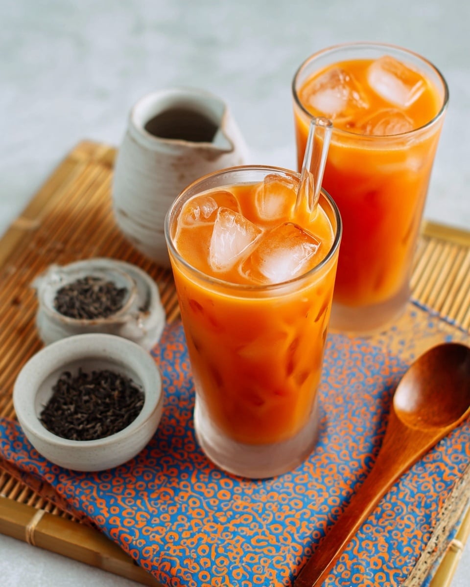 Two tall clear glasses filled with bright orange iced tea with large ice cubes sitting on top. Each glass shows the smooth texture of the tea with a layered mix of orange and a lighter creamy color at the bottom, and one glass has a clear glass straw. The glasses sit on a patterned cloth with blue and orange shapes, which lies over a small bamboo mat. Behind the drinks are two small white ceramic bowls, one contains dark loose tea leaves and the other is a small, empty jug with a handle. A long wooden spoon rests to the right side on a white marbled surface photo taken with an iphone --ar 4:5 --v 7