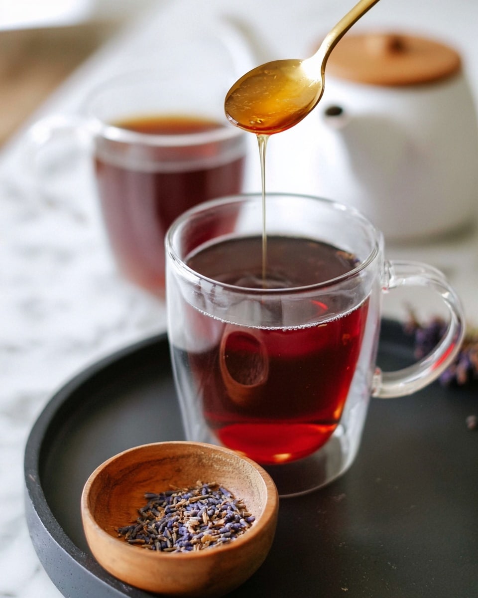 A clear glass cup filled halfway with deep red tea sits on a dark round tray, showing a smooth liquid surface. Above the cup, a tarnished gold spoon tilts, slowly dripping a light amber syrup into the tea. Behind the first cup, a second cup with the same tea is slightly out of focus. In front of the cups on the tray, two small wooden bowls hold different contents: one with a shiny liquid and the other with small dried lavender flowers in purples and browns. A white teapot with a tan wooden lid is blurred in the background on a white marbled surface. photo taken with an iphone --ar 4:5 --v 7
