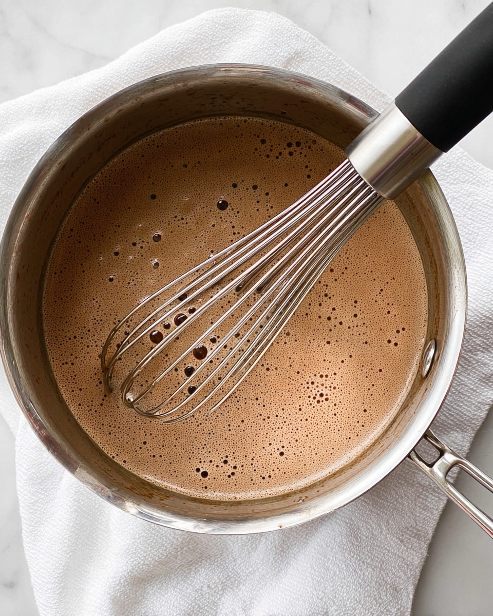 A close-up top view of a silver metal pot filled with a light brown foamy mixture that has many small bubbles across its surface. Inside the pot is a silver whisk with a black handle resting on the liquid. The pot sits on a white marbled texture with a white cloth partly visible underneath. Photo taken with an iphone --ar 4:5 --v 7