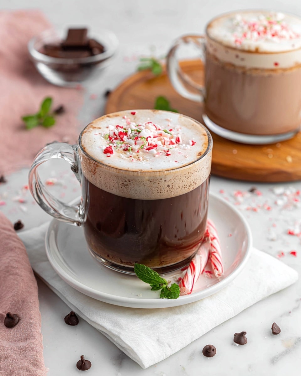 A clear glass mug filled with three visible layers: a dark chocolate base at the bottom, a lighter chocolate middle layer, and a thick, frothy white foam topped with small crushed red-and-white peppermint pieces, sitting on a white saucer with two small red-and-white peppermint sticks. The saucer rests on a white napkin on a white marbled surface scattered with chocolate chips and crushed peppermint bits. In the background, there is another clear glass mug with a similar chocolate drink on a wooden board along with a small glass bowl partially filled with chocolate, a pink cloth, and a small green mint leaf. Photo taken with an iphone --ar 4:5 --v 7