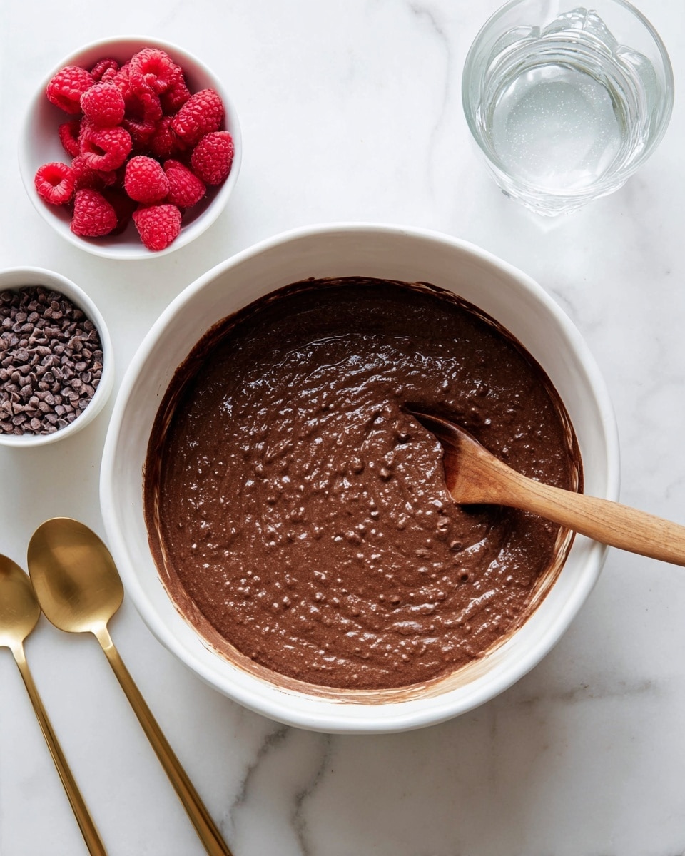 A white bowl filled with a thick, dark brown chocolate mixture that has a slightly bumpy texture, stirred by a wooden spoon resting inside the bowl. Around the bowl, there is a small white bowl with bright red raspberries on the left, a small white bowl with dark brown cacao nibs above, and a clear glass of water on the top right, all placed on a white marbled surface. Two gold-colored spoons lie toward the bottom left corner of the image. The scene looks bright and clean with a simple, fresh feel. photo taken with an iphone --ar 4:5 --v 7