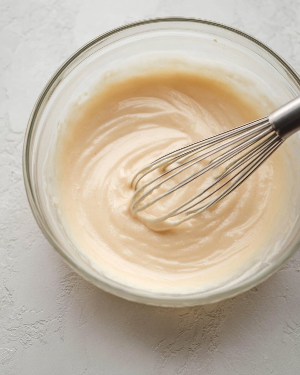 A clear glass bowl contains a smooth, light beige batter with a creamy texture. Inside the batter, a silver metal whisk with multiple thin wires is partly submerged, creating soft swirling patterns on the surface. The bowl sits on a white marbled textured surface, adding an elegant and clean look. The lighting highlights the creamy batter's soft shine and the sleek metal of the whisk. photo taken with an iphone --ar 4:5 --v 7
