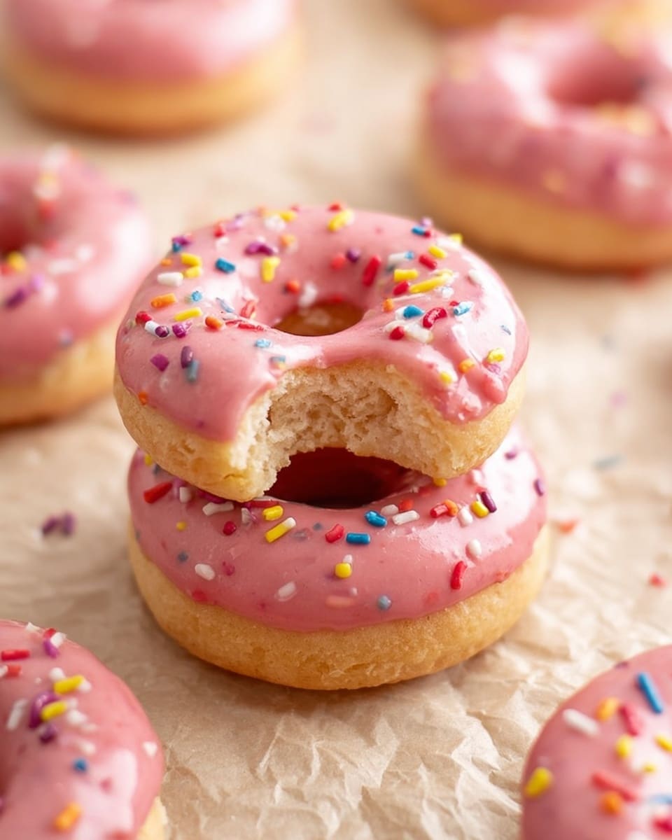 The image shows a close-up of a stack of two round donuts with pink frosting on the top one, which has colorful small sprinkles scattered all over the frosting. The top donut has a bite taken out of it, revealing the soft, light brown inside texture. The donuts are placed on a wrinkled beige paper surface, with other similar pink frosted donuts with sprinkles slightly blurred in the background, all resting on the same paper. The focus is sharp on the bitten donut with a soft, warm light highlighting the smooth frosting and gentle crumb texture. photo taken with an iphone --ar 4:5 --v 7