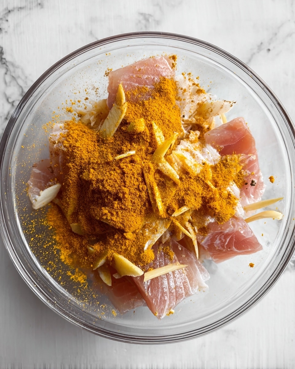 In a clear glass bowl on a white marbled surface, there are several pieces of raw fish with a pinkish tone, topped with bright yellow-orange powder. Thin pale yellow strips and small white chopped bits are scattered among the fish pieces. The layers show the pink fish at the bottom, covered by the yellow-orange powder and mixed with the pale yellow and white pieces, creating a textured look. The bowl’s transparency and the scattered spices make the contents visually rich and colorful. Photo taken with an iphone --ar 4:5 --v 7