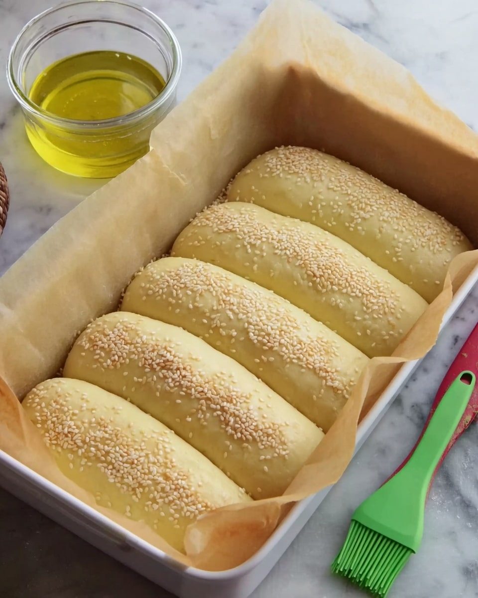 The image shows a white baking pan lined with parchment paper holding seven soft, golden dough rolls placed side by side in one row. The dough rolls have a smooth surface and are topped with light beige sesame seeds evenly spread across. To the side of the pan, there is a clear glass container filled with yellow liquid, and a green silicone brush rests inside it. The background is a white marbled surface. Photo taken with an iphone --ar 4:5 --v 7