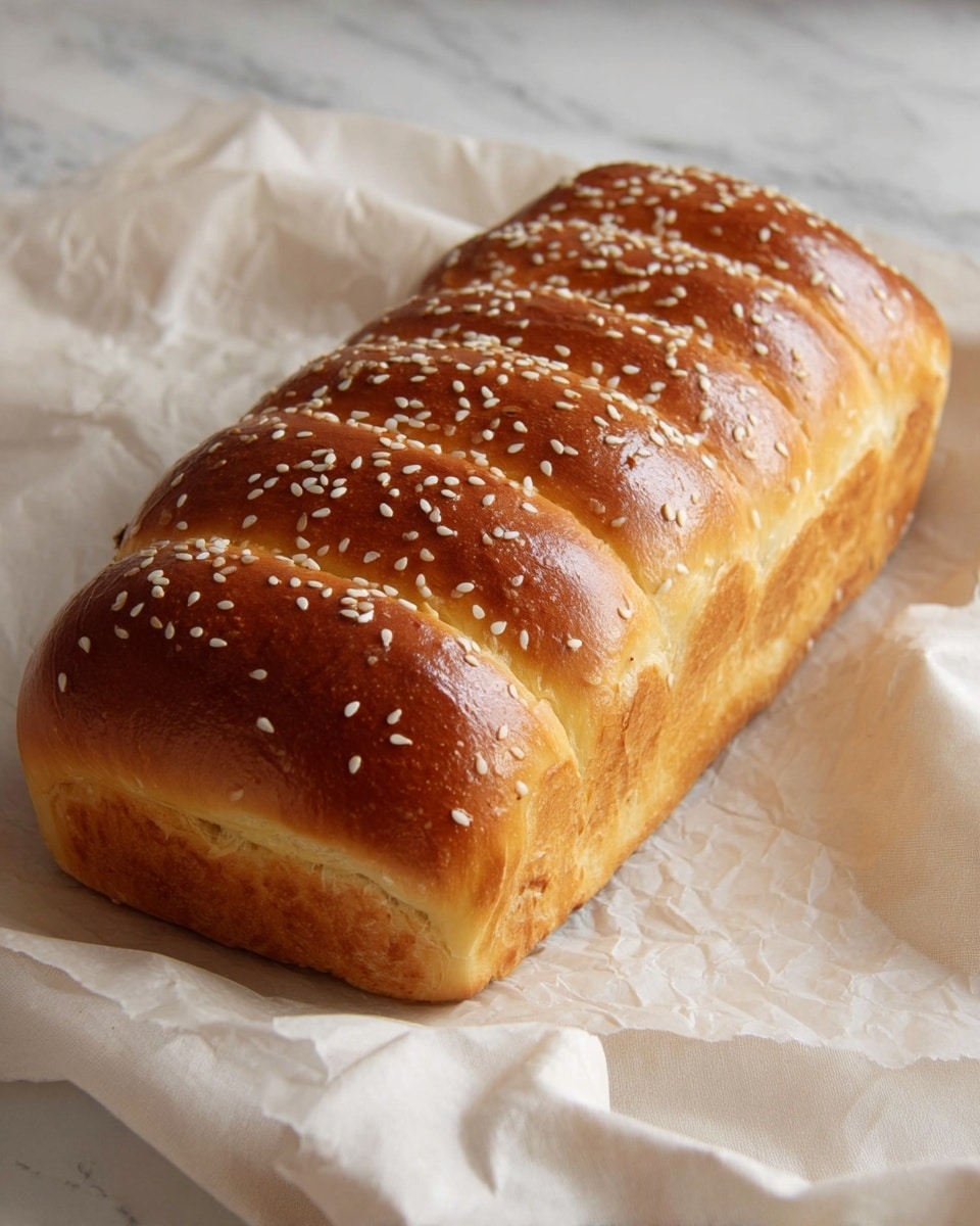 A loaf of soft bread with a shiny golden brown top sprinkled evenly with sesame seeds, showing nine distinct rounded segments from one end to the other, with a light golden crust on the sides and bottom. The bread rests on crumpled white parchment paper with a smooth, creamy beige cloth blurred softly behind it, all set against a white marbled texture photo taken with an iphone --ar 4:5 --v 7